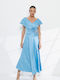 Summer Midi Evening Satin Light Blue Dress