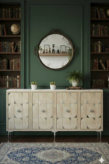 Буфет Дървен с Огледало Бял 150x32x75см