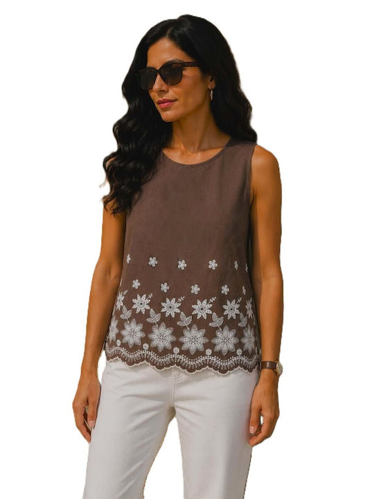 Women's Sleeveless Cotton Brown Blouse