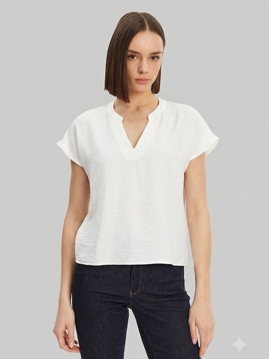 Women's Blouse Off-Shoulder Short Sleeve with V-Neckline White