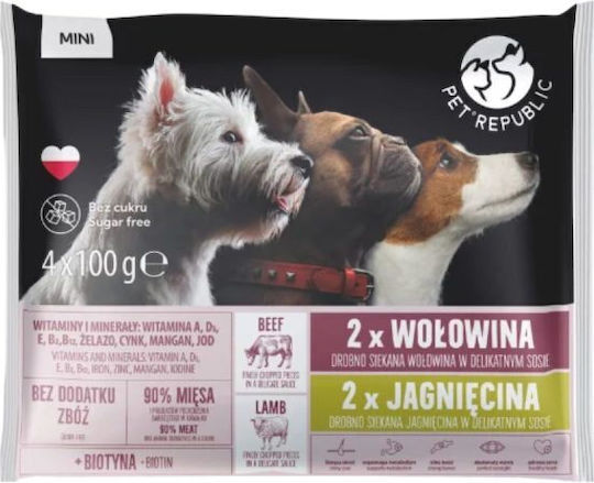 Pet Republic Wet Dog Food Pouches with Beef Lamb Calf and Meat Grain-Free 4x100gr