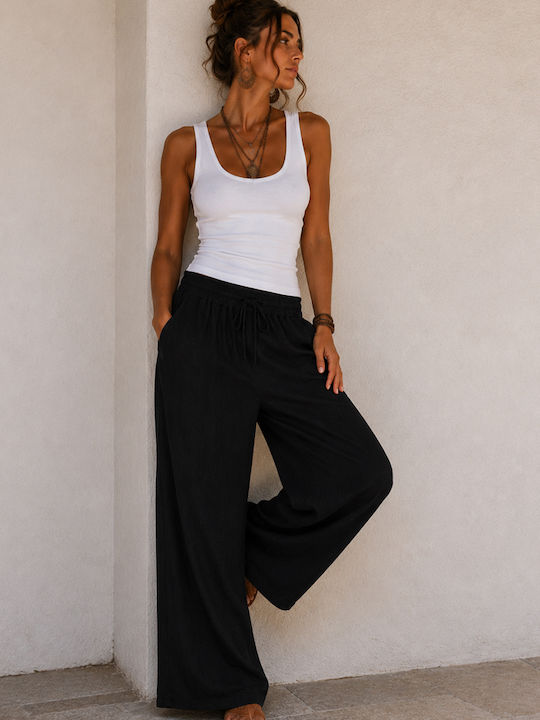 Women's Linen Pantaloons with Rubber Band in Loose Fit Black