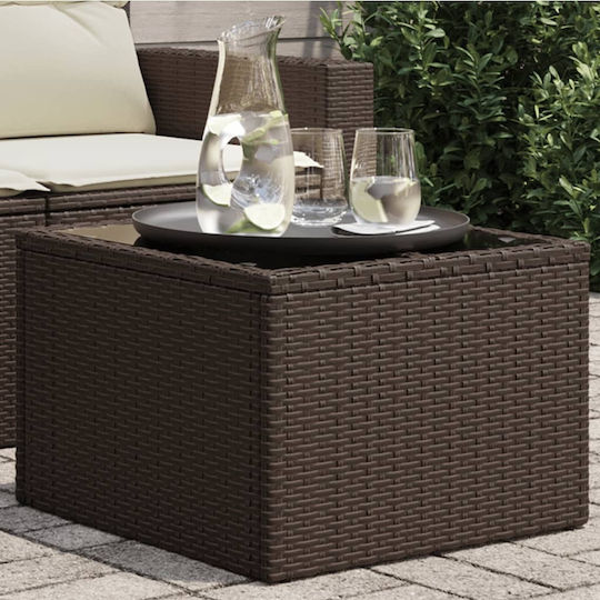 Sitting Room Table for Small Outdoor Spaces Rattan with Brown Glass Surface 55x55x37cm