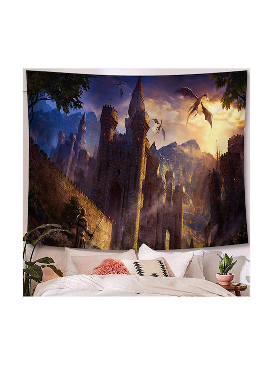 FRIPIA Decorative Tapestry Castle with Dragon Handmade Made of Fabric 150x130cm