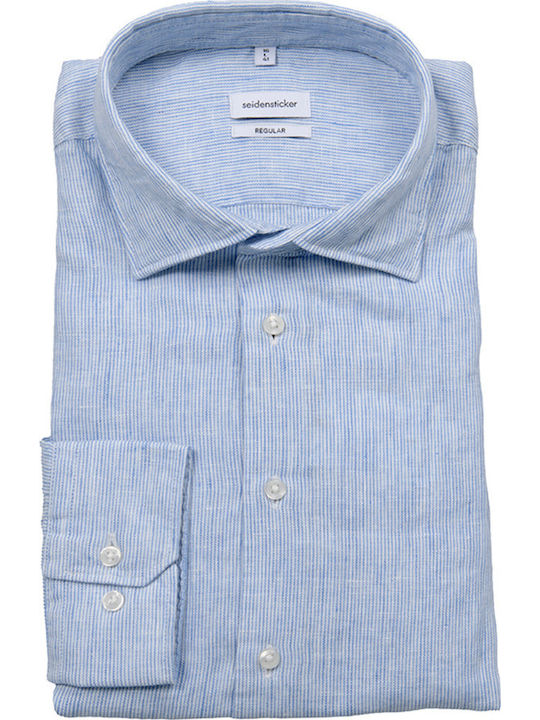 Long Sleeve Linen Shirt in Narrow Fit Striped Light Blue