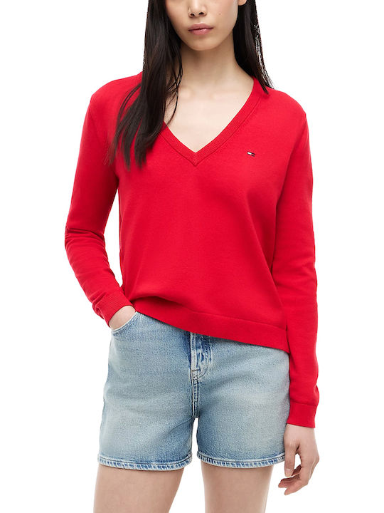 Tommy Hilfiger Essential Damen Langärmeliges Baumwoll-Pullover mit V-Ausschnitt Rot Tommy Hilfiger Essential Damen Langärmeliges Baumwoll-Pullover mit V-Ausschnitt Rot