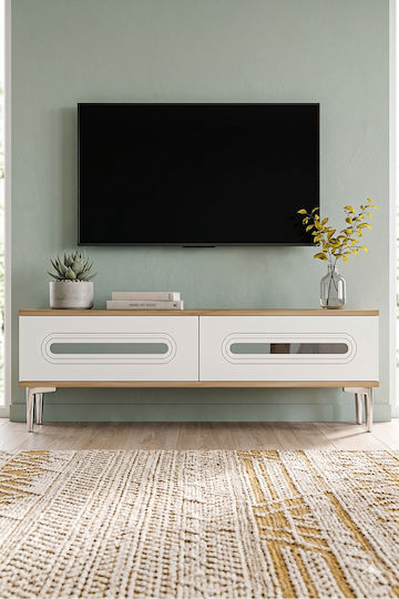 TV Stand Made of Wood & White Glass L120xD30xH41cm