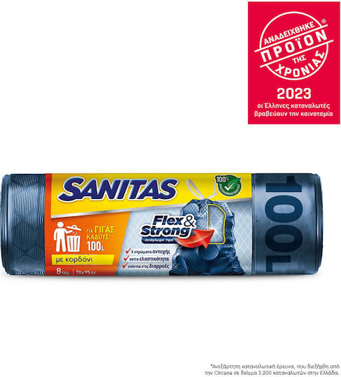 Sanitas Σακούλες Απορριμάτων Χωρητικότητας 100lt με Κορδόνι Flex & Strong 95x70cm 8τμχ