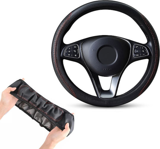 Husă Universală din Piele Ecologică pentru Volan – Negru Cusături Roșii 37–38 Cm
