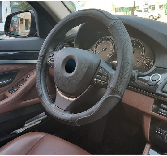 Black Natural Leather Steering Wheel Cover Car Size M 37-39 Cm