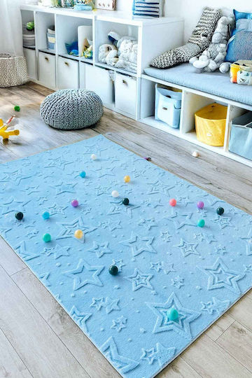SteweHome Παιδικό Χαλί Αστέρια Βαμβακερό Μπλε 100x250cm Πάχους 60mm