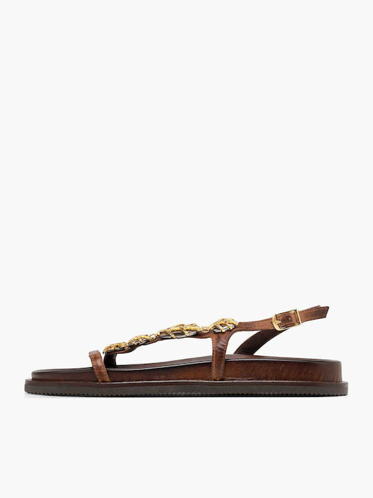Leather Women's Flat Sandals Brown