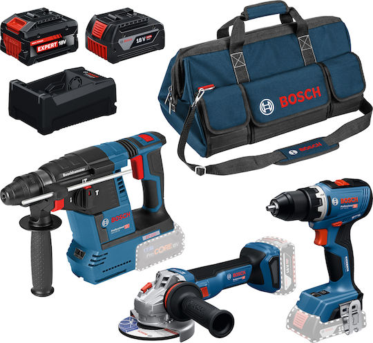 Bosch 0615A500AJ Battery Tool Set Angle Grinder Drill Driver & Hammer 18V with 1 Battery 5Ah and Case
