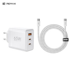 Remax GaN Charger with USB-A Port and 2 USB-C Ports and USB-C to USB-C Cable 65W Power Delivery Quick Charge 3.0 White (CA-20) Remax GaN Charger with USB-A Port and 2 USB-C Ports and USB-C to USB-C Cable 65W Power Delivery Quick Charge 3.0 White (CA-20)