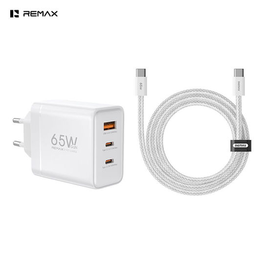 Remax GaN Charger with USB-A Port and 2 USB-C Ports and USB-C to USB-C Cable 65W Power Delivery Quick Charge 3.0 White (CA-20)