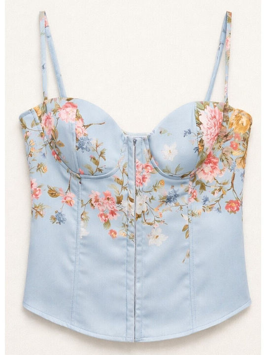 Damen Bluse Korsett Blumen Hellblau