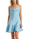Summer Mini Satin Dress with Ruffles Light Blue