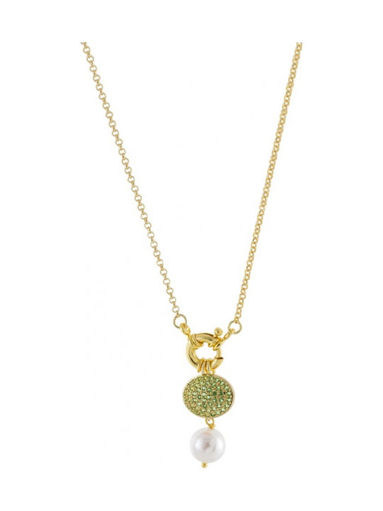 Oxette Necklace Gold Plated with Pearls & Green Zircon
