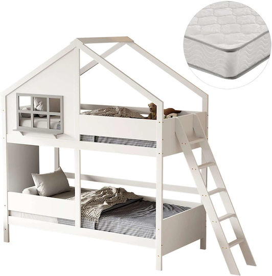 Kids Single Bunk Bed with Mattress White 90x190cm
