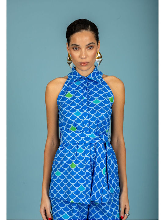 Women's Sleeveless Blouse with Neck Tie Blue