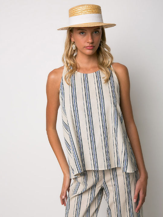Women's Cotton Sleeveless Striped Blue Blouse