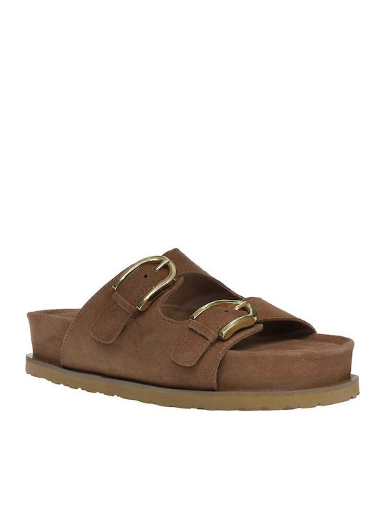 Δερμάτινα Γυναικεία Σανδάλια Flatforms Καφέ