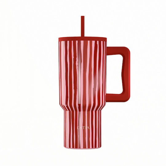 Estia Straw Tumbler XL Save The Aegean Recyclable Handled Tumbler Thermos Stainless Steel BPA Free 900ml Viva Stripe with Straw and Handle
