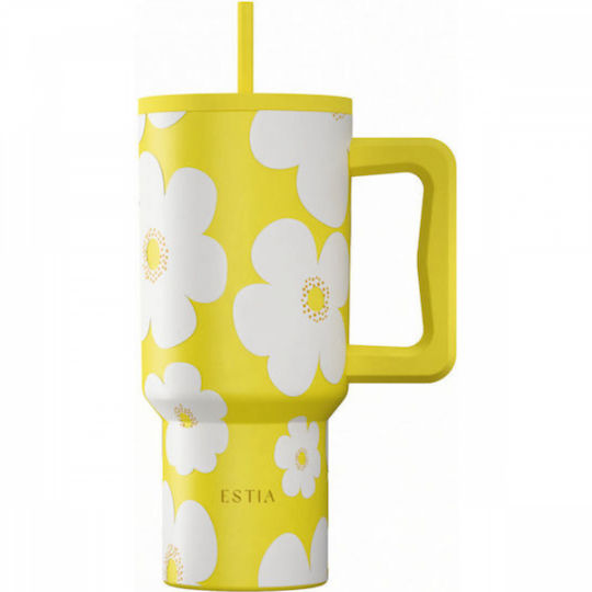 Estia Straw Tumbler XL Save The Aegean Recyclable Handled Tumbler Thermos Stainless Steel BPA Free 900ml Yellow Daisy with Straw and Handle