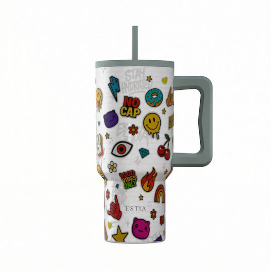 Estia Straw Tumbler XL Save The Aegean Рециклируем Чаша с Дръжка Термос Неръждаема Стомана Без BPA 900ml Urban Vibes с Сламка и Дръжка
