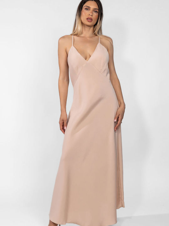 Rochie Maxi de Vară de Seară cu Spate Deschis Bej