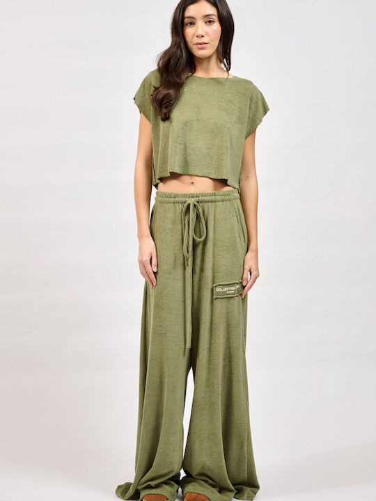 Pants Γυναικείο Ψηλόμεσο Υφασμάτινο Παντελόνι με Λάστιχο Khaki
