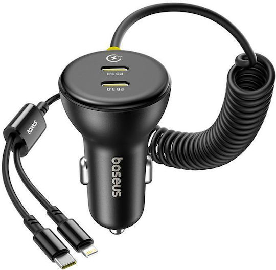 Baseus Car Charger 60W 7A with Ports 1xUSB 1xType-C with Lightning / Type-C Cable Black Colour