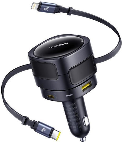 Baseus Enjoyment Max Car Charger 90W 10A with Ports 1xUSB 1xType-C with Lightning / Type-C Cable Black Color