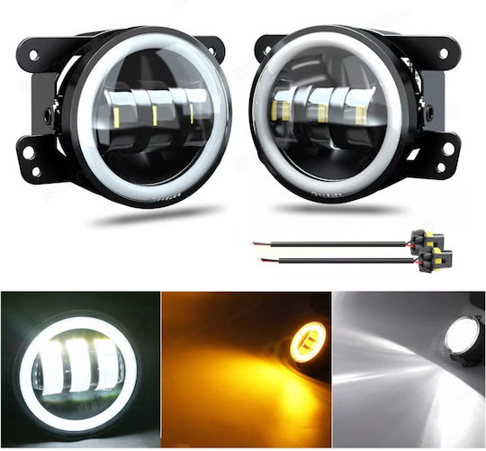 Комплект 2 Бройки 4 Инча 9.8 См LED Фар Халоген 12v-24v DRL Дневни Светлини Поворотен Сигнал Бяло-Жълто Jeep Dodge C