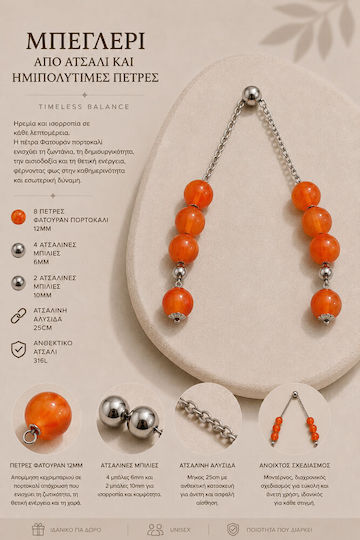 Kalliopi Silver Handmade Begleri from Stainless Steel with Orange Faturan Stone 12mm Length 25cm