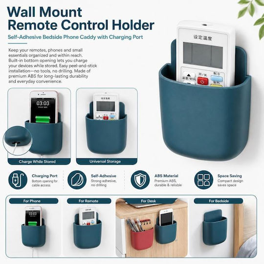 Wall Remote Control Stand Self-Adhesive Phone Bedside Holder General Purpose Storage Box Charging Port Blue
