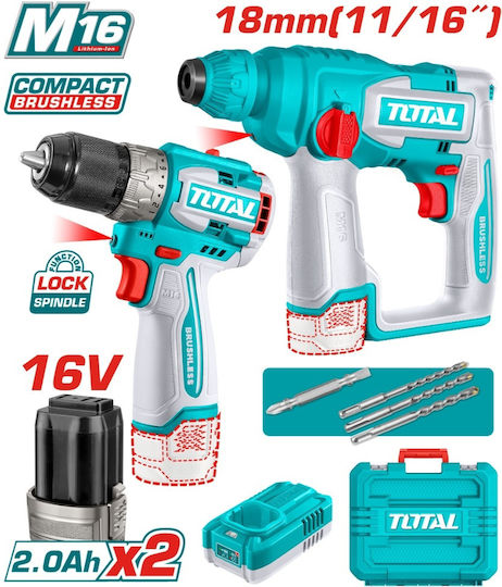 Total Industrial Cordless Rotary Hammer Screwdriver Set 16 V 2 X 2 Ah