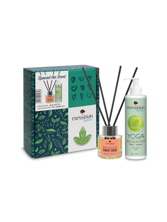 Messinian Spa Spread Scent Diffuser Yoga Stick Sweet Rose 50ml & Body Balm Lotion Rose-Jasmine 300ml