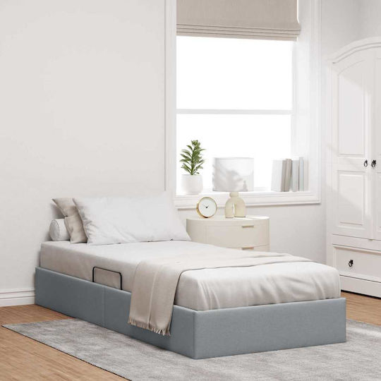 Pat Single Tapițat cu Material Gri cu Spațiu de Stocare Plăci și Saltea 100x203cm