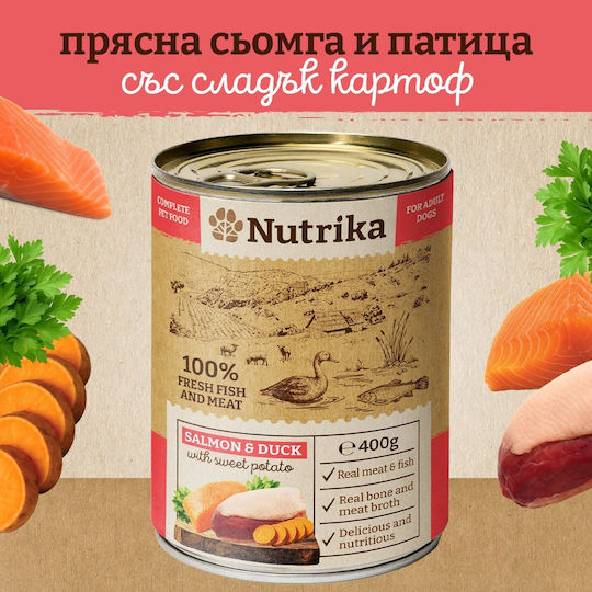 Nutrika Течна Храна За Кучета В Чантичка Със Сьомга Патица Картофи Месо Черен Дроб Пилешко Агнешко И Риба Без Зърнени Храни 400гр
