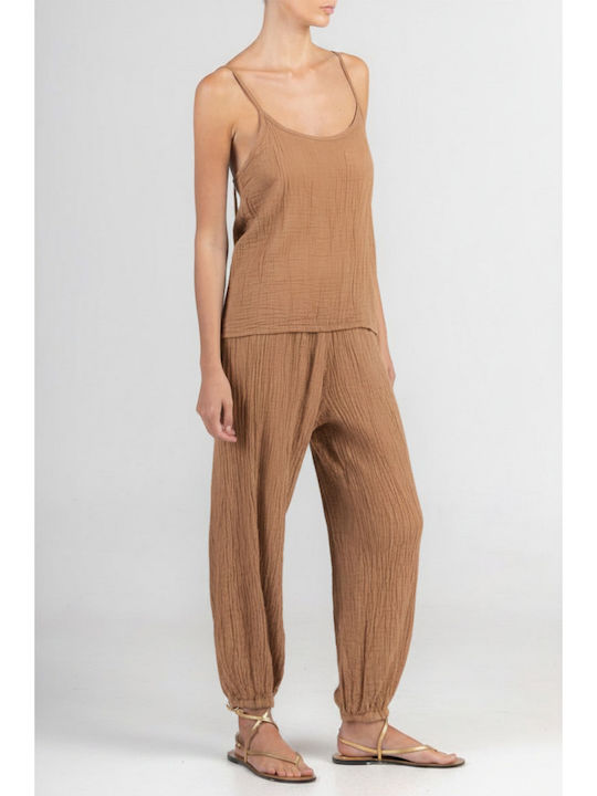 Women's Fabric Trousers with Rubber Band in Loose Fit Brown