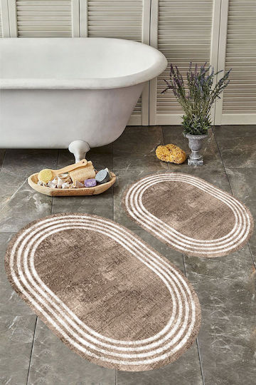 SteweHome Non-Slip Set Bath Mats Oval STE-029769-P29769 Brown 60x100cm 2 Pieces