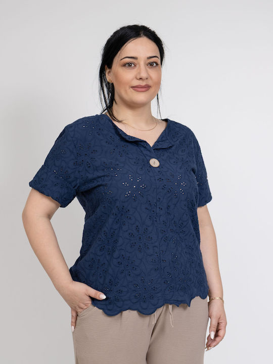 Bluza Damă Din Bumbac Cu Dantelă Albastră