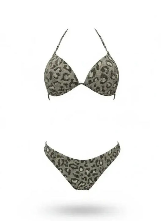 Bikini Set Triangle Push Up & Brazil Animal Print Khaki And Gold