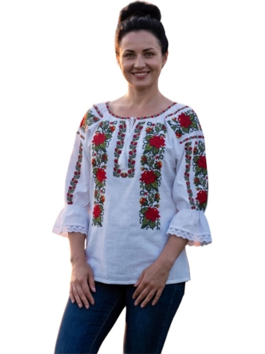 Bluza Damă Bumbac Mânecă Lungă Alb/Portocaliu