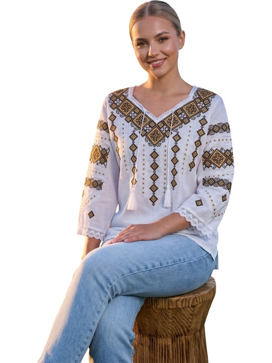 Bluza Damă Bumbac Mânecă Lungă Alb/Portocaliu