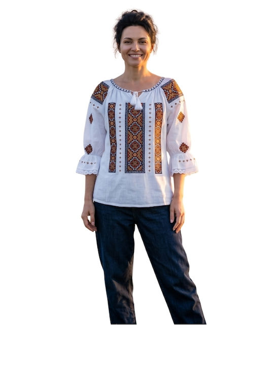 Bluza Damă Bumbac Mânecă Lungă Alb/Portocaliu