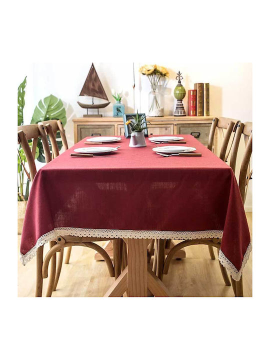 FRIPIA Față De Masă Din In Cu Dantelă Burgundy 140x250cm