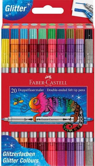 Faber-Castell Tip Pens Μαρκαδόροι Ζωγραφικής Λεπτοί, με Διπλή Μύτη, με Glitter, Neon Σετ 20 χρώματα