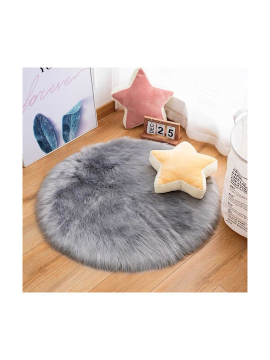 To megalo pazari Round Furry Grey Rug Φ90cm